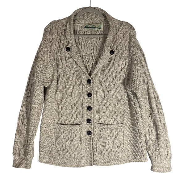 Aran Crafts Ireland Wool Cable Knit Cardigan Sweater Sz L Button Front Cream - Picture 1 of 10